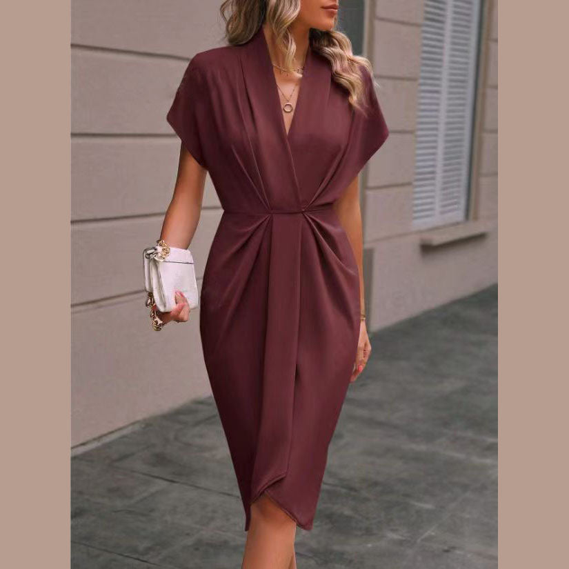 Summer Batwing Sleeve Dress Fashion V-neck Short Sleeve Pleated Dresses Womens Clothing Gronata
