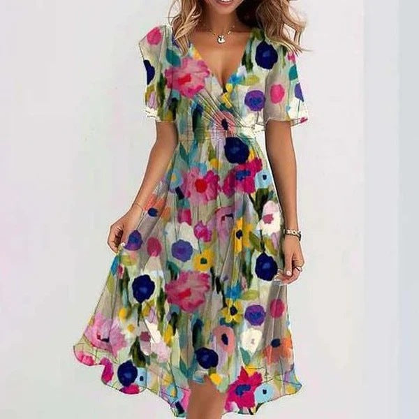 Chiffon Printed Short Sleeve Dress Summer Elegant V-neck Dresses Womens Clothing Gronata