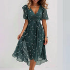 Chiffon Printed Short Sleeve Dress Summer Elegant V-neck Dresses Womens Clothing Gronata