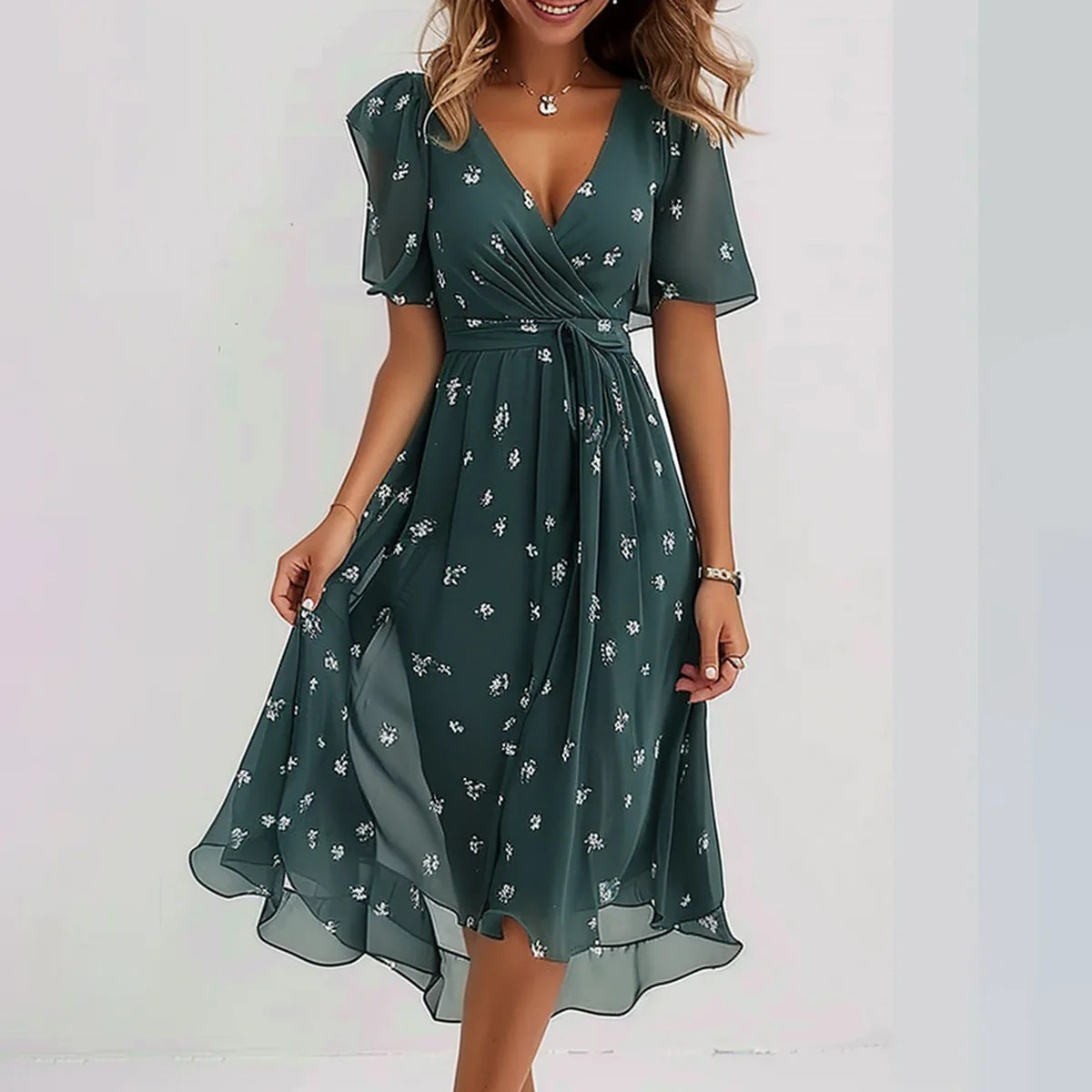Chiffon Printed Short Sleeve Dress Summer Elegant V-neck Dresses Womens Clothing Gronata
