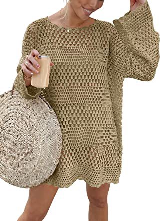 Woven Round Neck Hollow Beach Cover-up Loose Casual Sweater Gronata