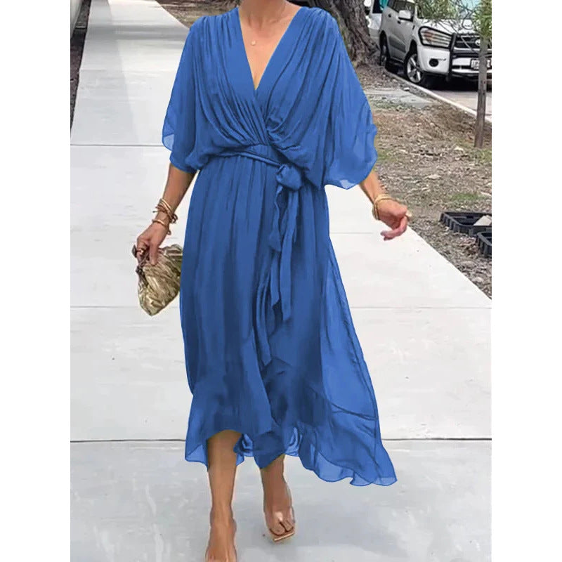 Batwing Sleeve V-neck Dress Summer Pure Color Tied Irregular Long Dresses Womens Clothing Gronata