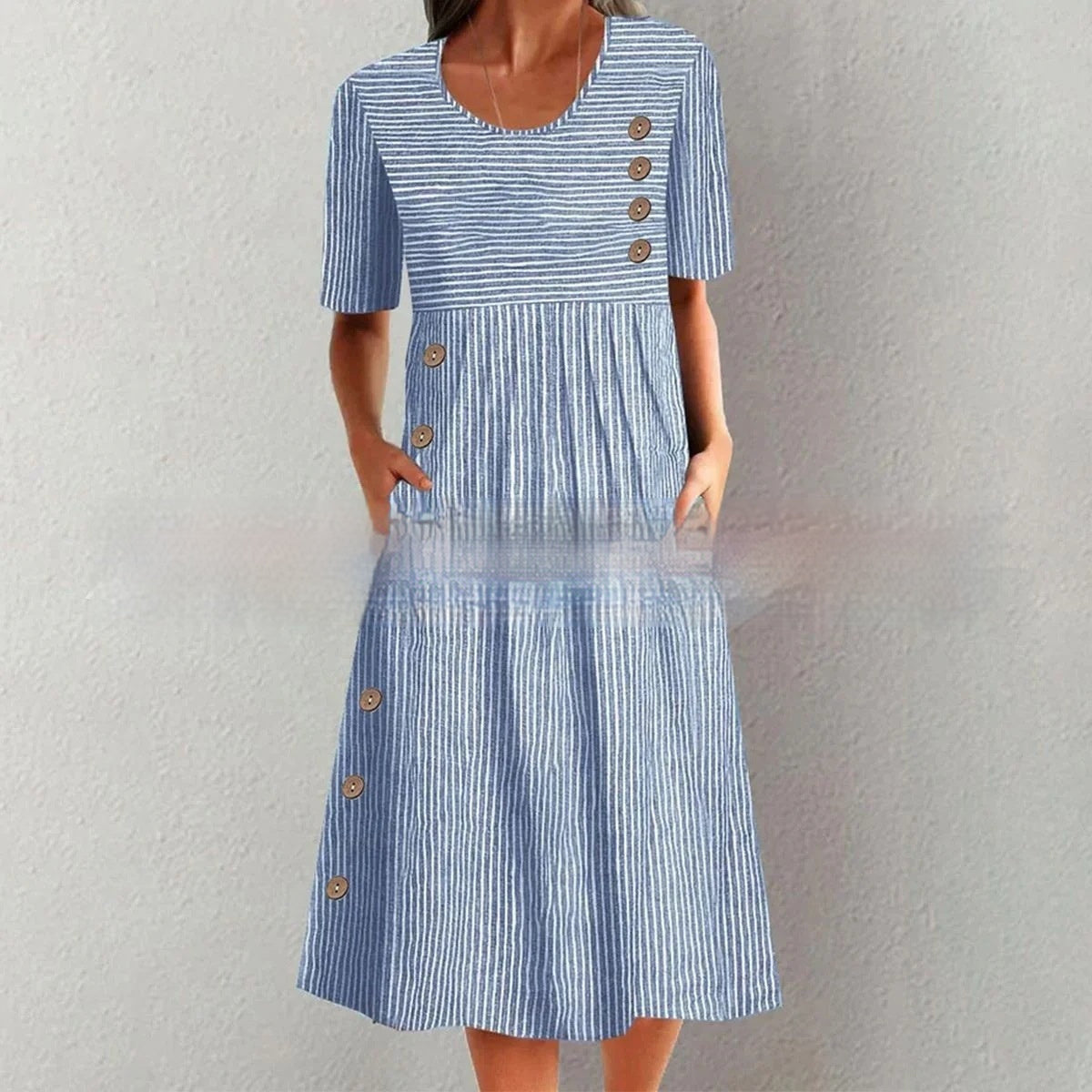 Printed Pocket Button Long Dress Gronata