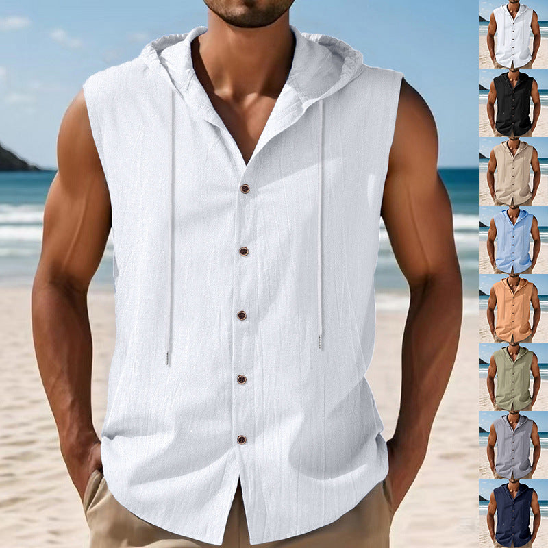 Mens Sleeveless Linen Hooded Shirt Gronata