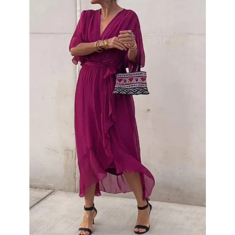Batwing Sleeve V-neck Dress Summer Pure Color Tied Irregular Long Dresses Womens Clothing Gronata