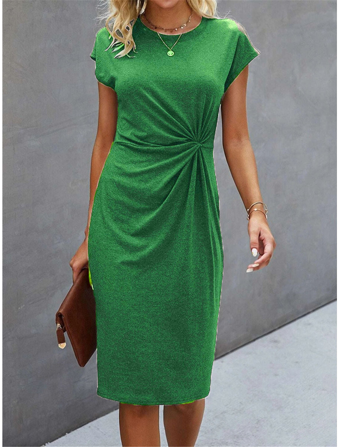 Women's Casual Tight Front Knot Round Neck Mid-length Dress Gronata