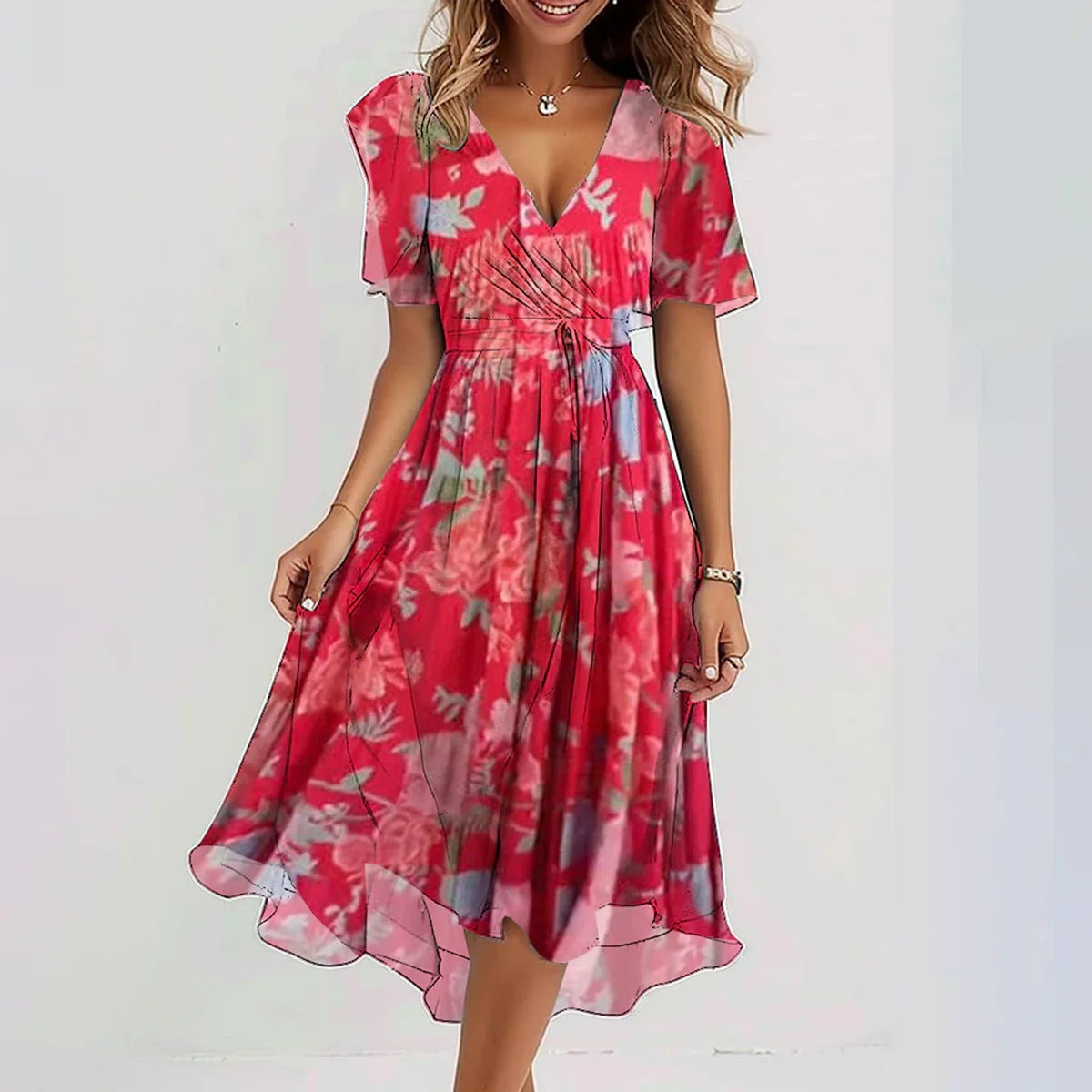 Chiffon Printed Short Sleeve Dress Summer Elegant V-neck Dresses Womens Clothing Gronata