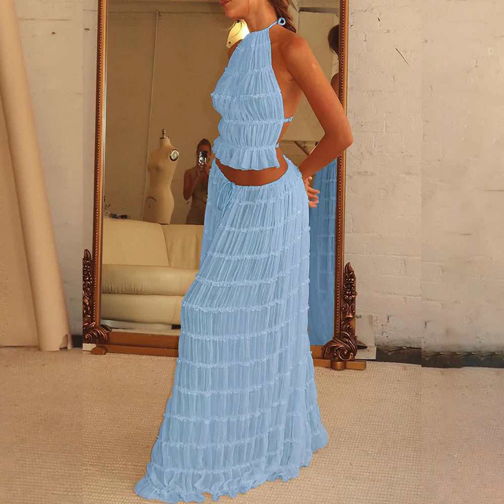 2pcs Women's Dress Suit Sexy Sleeveless Backless Cropped Halter Top And Pleated Long Skirt Beach Clothing Gronata