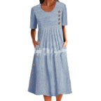 Printed Pocket Button Long Dress Gronata