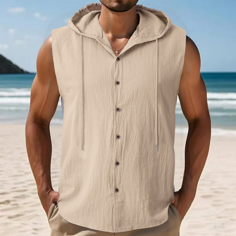 Mens Sleeveless Linen Hooded Shirt Gronata