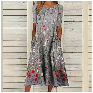 Women's Fashion Casual Cotton Linen Short Sleeve Pocket Dress Gronata