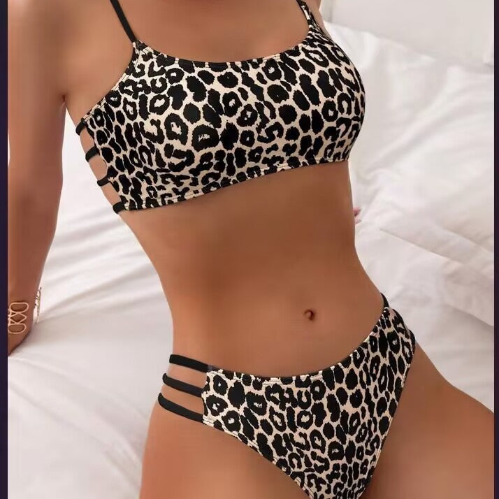 Leopard Print Contrast Color Push Up Tight Split Swimsuit Gronata
