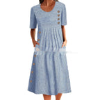 Printed Pocket Button Long Dress Gronata