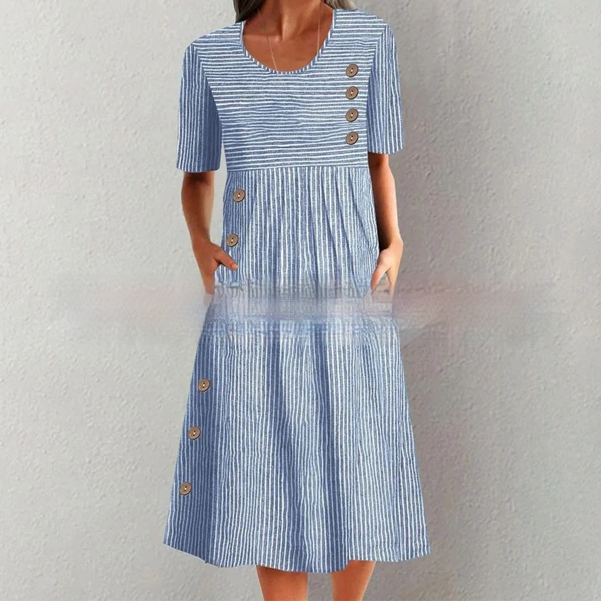 Printed Pocket Button Long Dress Gronata
