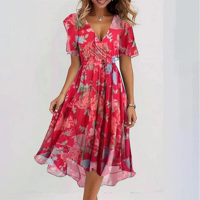 Flowers Printed V-neck Dress Summer A-line Short-sleeved Dresses For Women Gronata