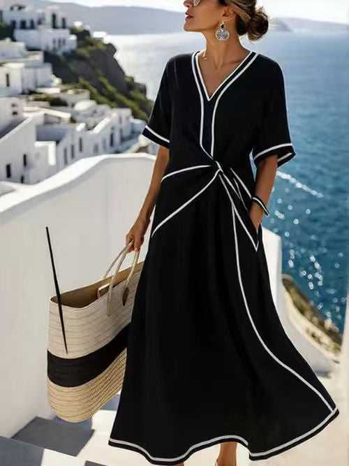 Summer Striped Print Dress Casual Beach Vacation Short-sleeved Maxi Dress Womens Clothing Gronata