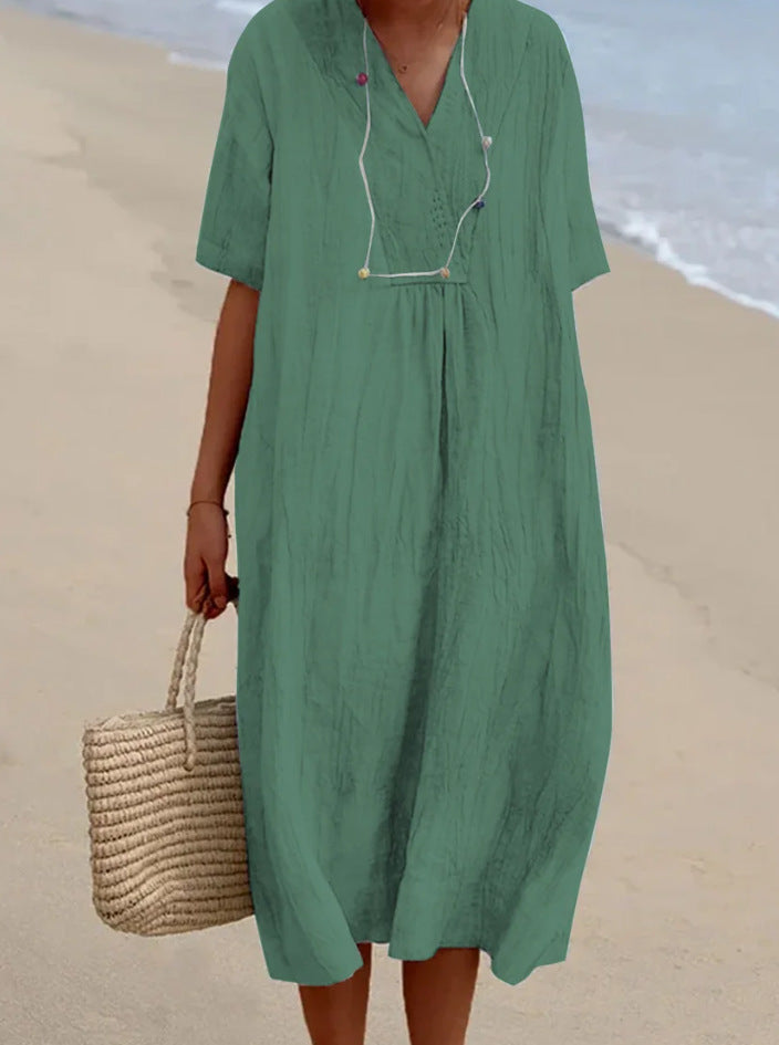 Women's Cotton And Linen Solid Color And V-neck Fashion Style Dress Gronata
