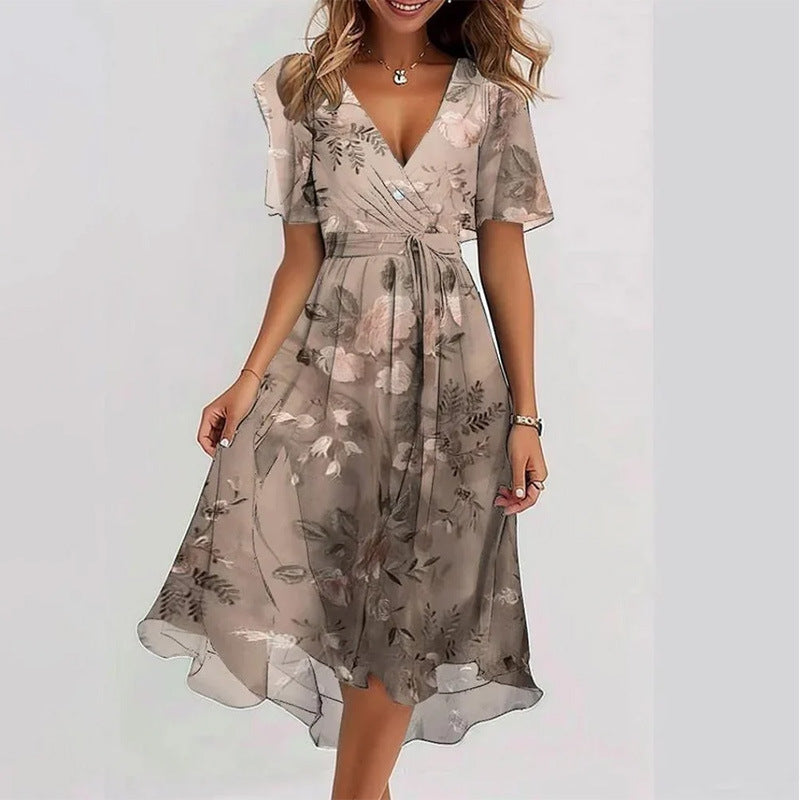 Flowers Printed V-neck Dress Summer A-line Short-sleeved Dresses For Women Gronata