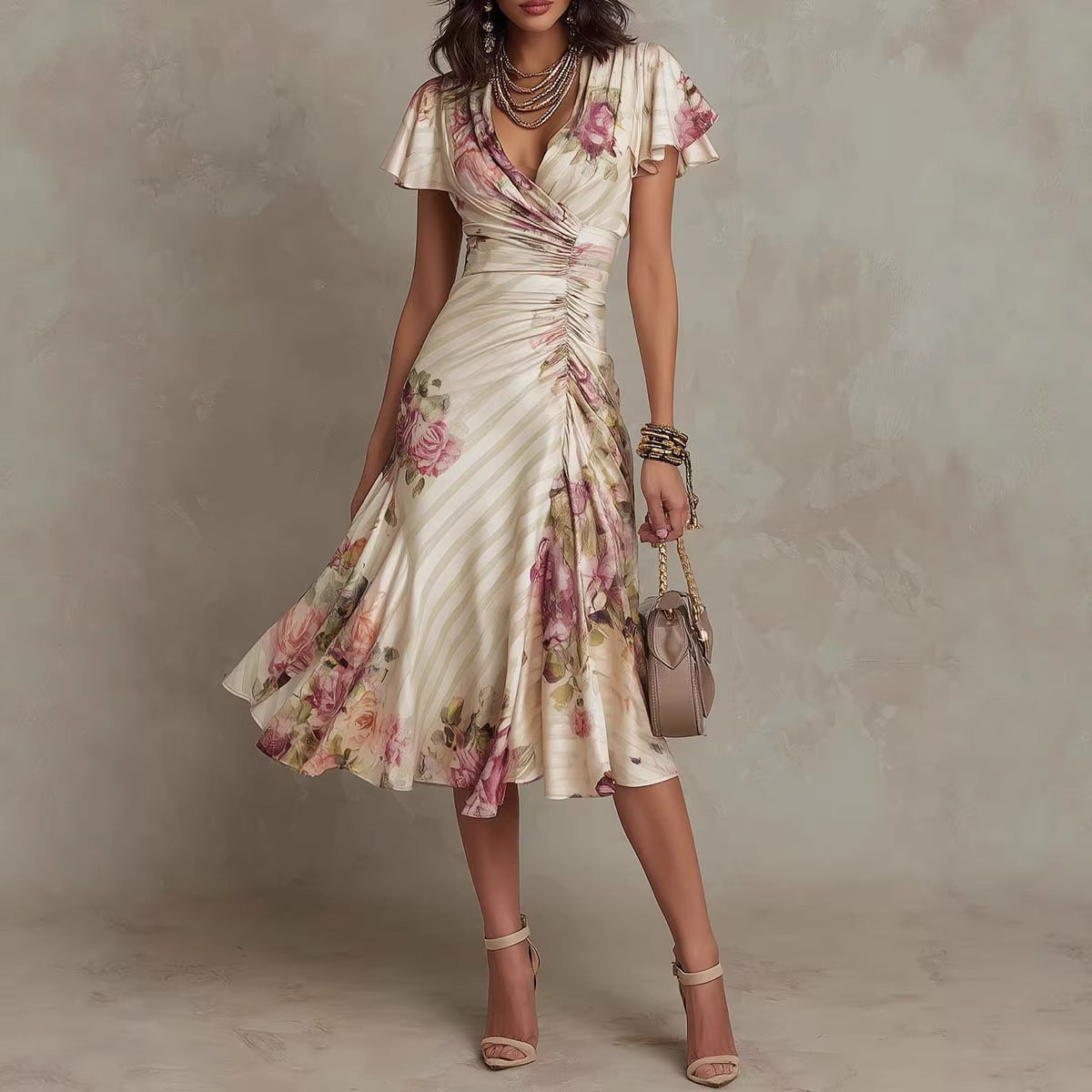 Printed V-neck Defined Waistline Ruffled Hem Dress Gronata