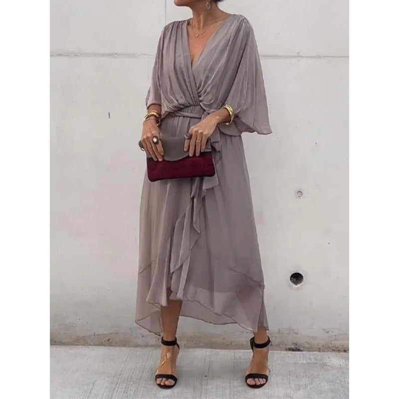 Batwing Sleeve V-neck Dress Summer Pure Color Tied Irregular Long Dresses Womens Clothing Gronata