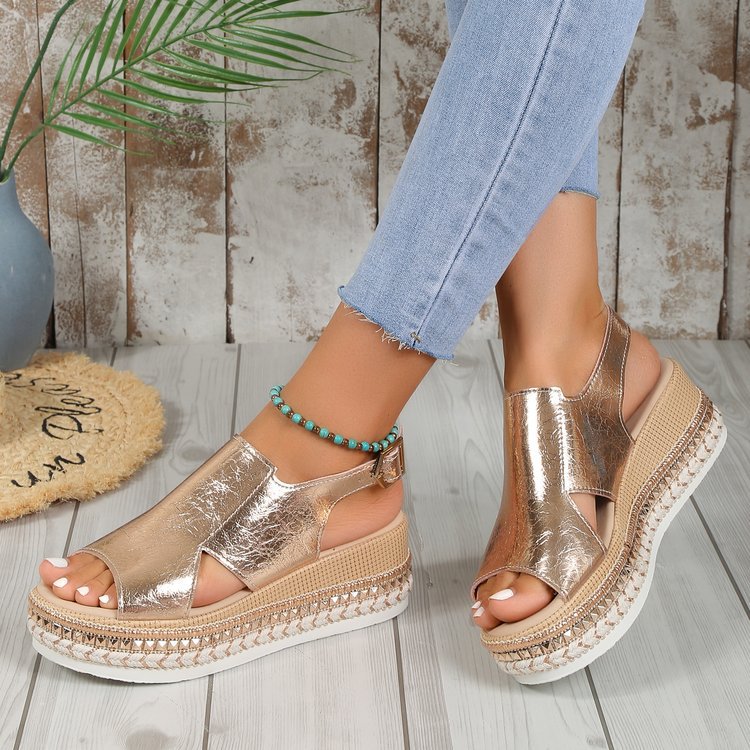 Summer Shiny Sandals Hollow Design Fish Mouth Sandal For Women Fashion Buckle Wedges Shoes Gronata
