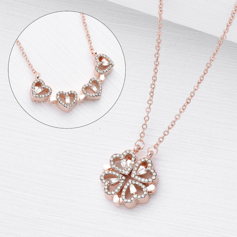 Retro Magnetic Folding Heart Shaped Four Leaf Clover Pendant Necklace Women Love Clavicle Chain Gifts Openable Choker Jewelry Gronata