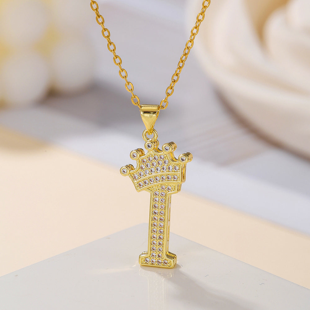1PCS Fashionable Gold Diamond Crown Uppercase Letter Popular Pendant Necklace Suitable For Daily Use Festivals Parties Gifts Jewelry Set Gronata