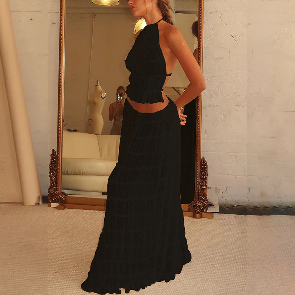 2pcs Women's Dress Suit Sexy Sleeveless Backless Cropped Halter Top And Pleated Long Skirt Beach Clothing Gronata