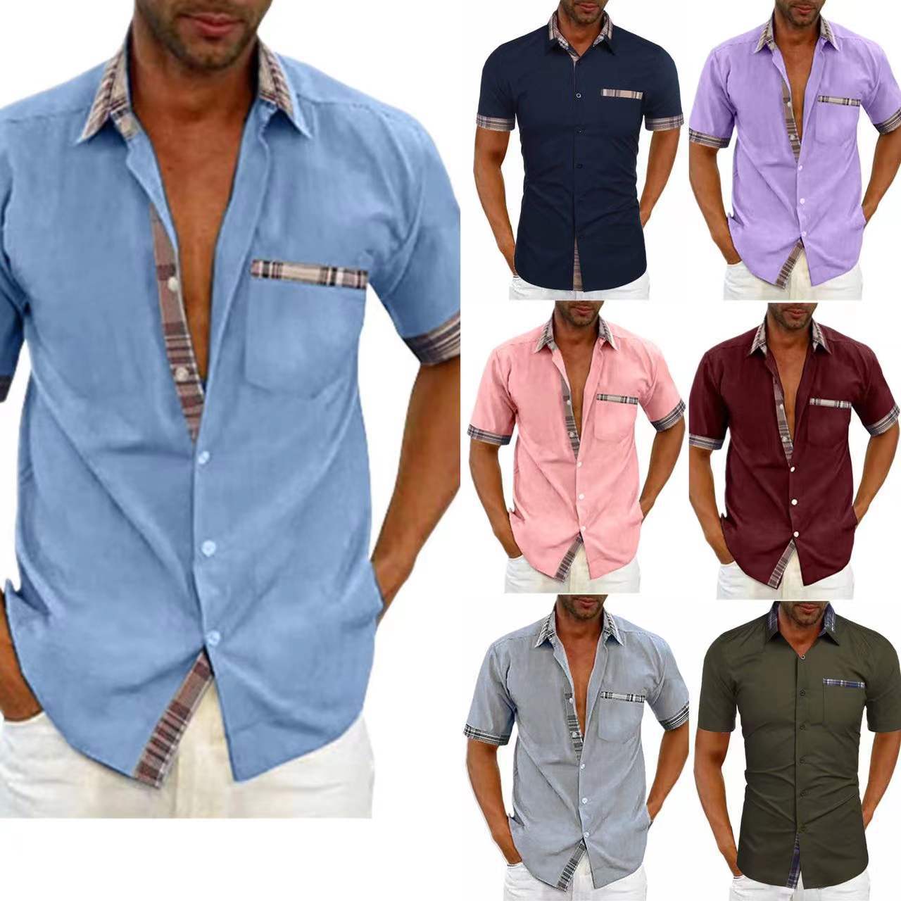 Men's Short Sleeve Contrast Fashion Button-Up Shirt Gronata