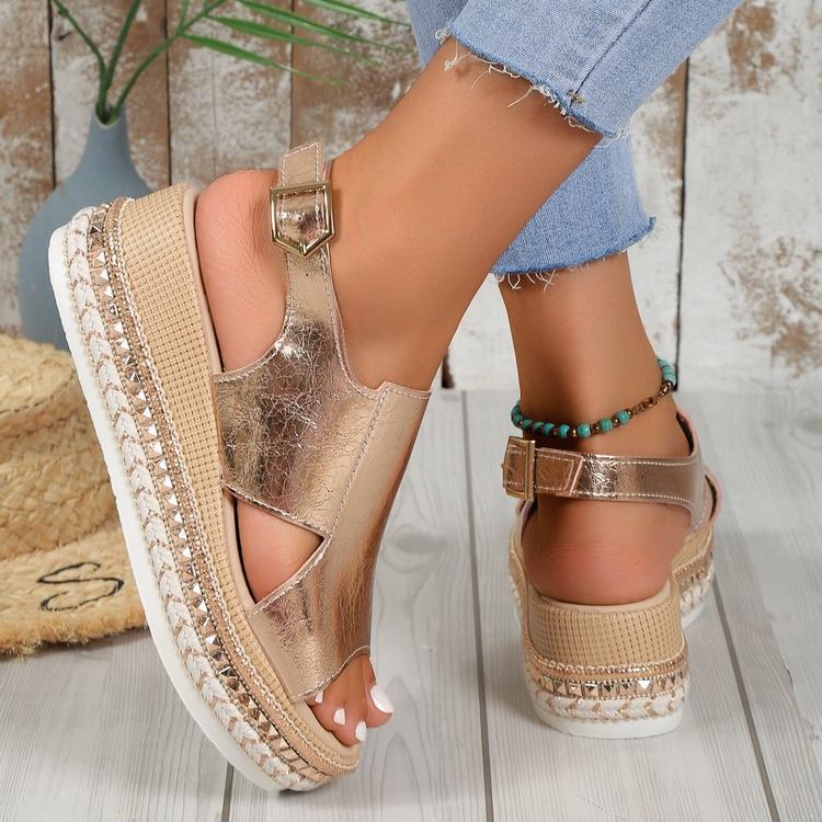 Summer Shiny Sandals Hollow Design Fish Mouth Sandal For Women Fashion Buckle Wedges Shoes Gronata