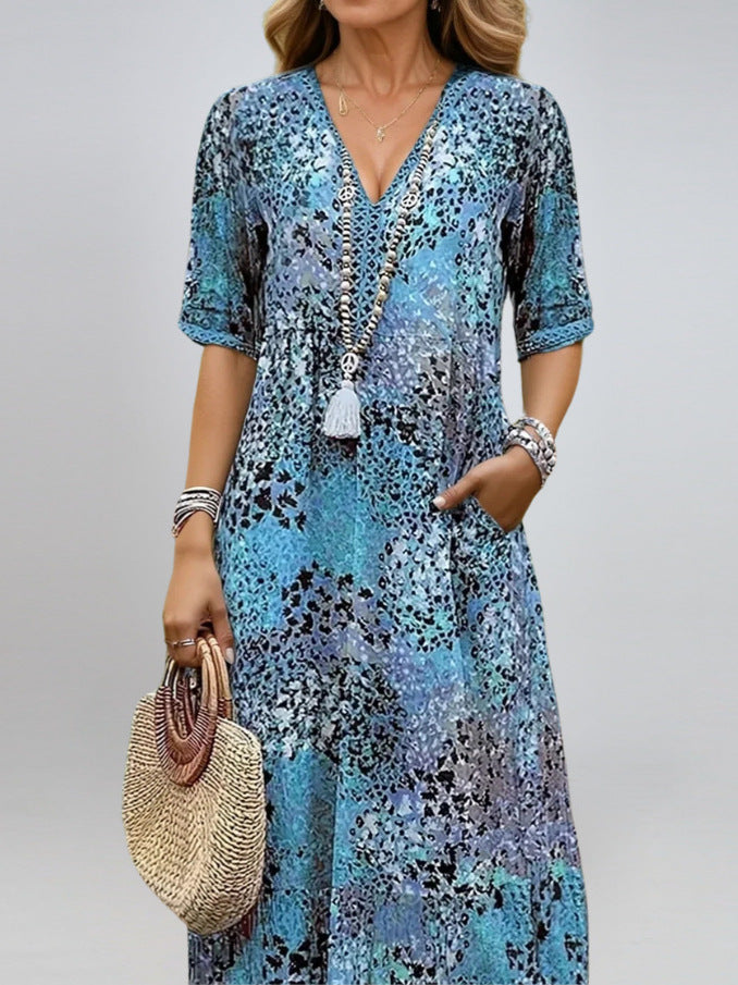 Summer V-neck Half-sleeved Dress With Pockets Fashion Ethnic Print Dresses Beach Holiday Clothing For Women Gronata