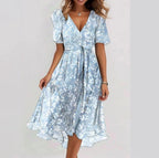 Chiffon Printed Short Sleeve Dress Summer Elegant V-neck Dresses Womens Clothing Gronata