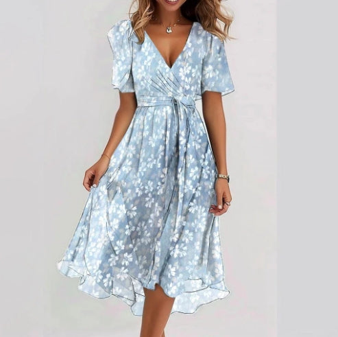 Chiffon Printed Short Sleeve Dress Summer Elegant V-neck Dresses Womens Clothing Gronata