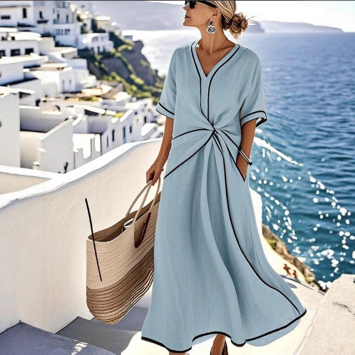 Summer Striped Print Dress Casual Beach Vacation Short-sleeved Maxi Dress Womens Clothing Gronata