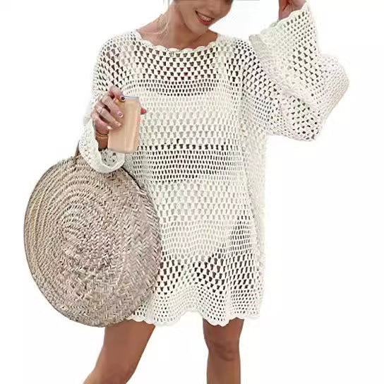 Woven Round Neck Hollow Beach Cover-up Loose Casual Sweater Gronata