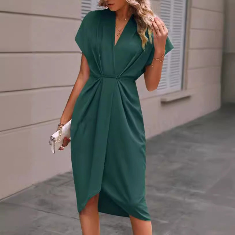 Summer Batwing Sleeve Dress Fashion V-neck Short Sleeve Pleated Dresses Womens Clothing Gronata