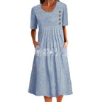 Printed Pocket Button Long Dress Gronata