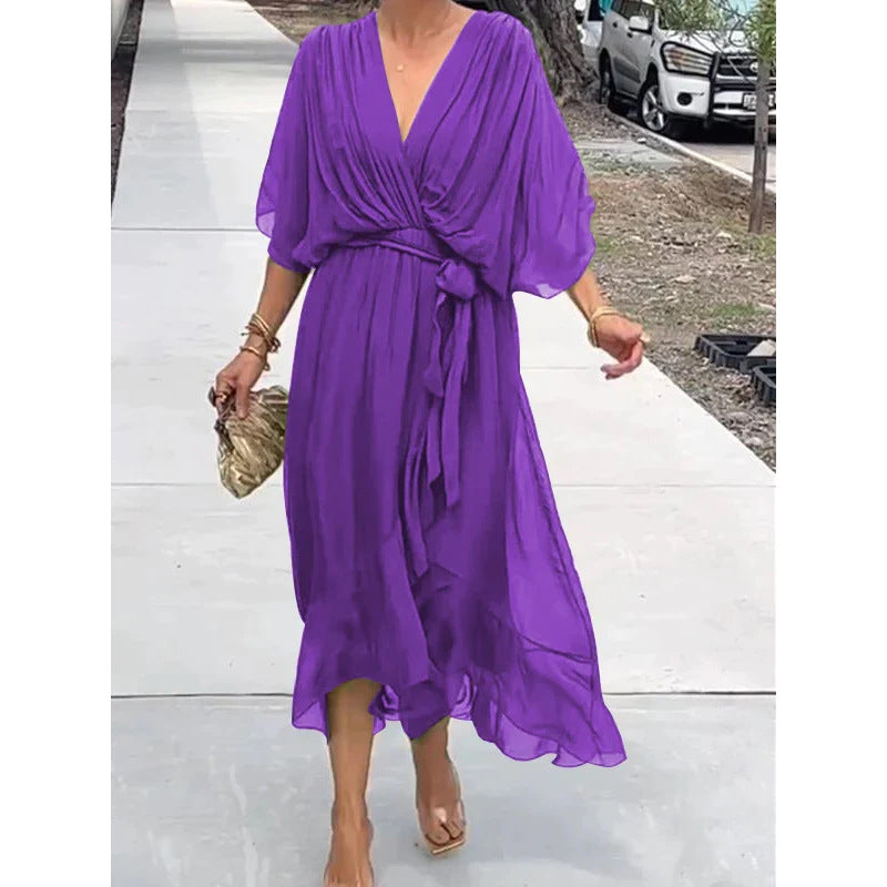 Batwing Sleeve V-neck Dress Summer Pure Color Tied Irregular Long Dresses Womens Clothing Gronata