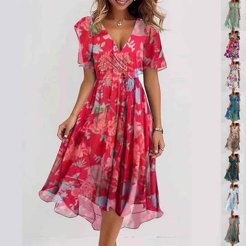 Flowers Printed V-neck Dress Summer A-line Short-sleeved Dresses For Women Gronata
