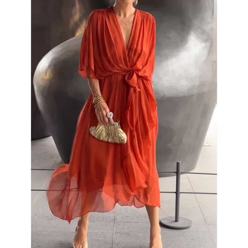 Batwing Sleeve V-neck Dress Summer Pure Color Tied Irregular Long Dresses Womens Clothing Gronata