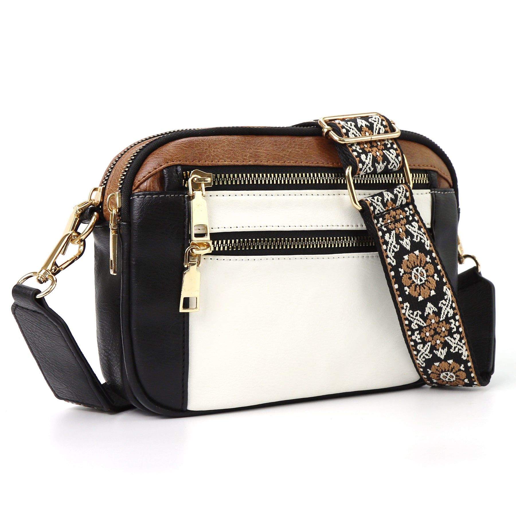 Triple-zipper Shoulder Bag With Floral Embroidered Straps Fashion Colorblock Multi-functional Crossbody Bags For Women Gronata