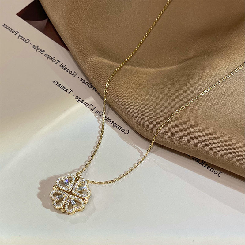 Retro Magnetic Folding Heart Shaped Four Leaf Clover Pendant Necklace Women Love Clavicle Chain Gifts Openable Choker Jewelry Gronata