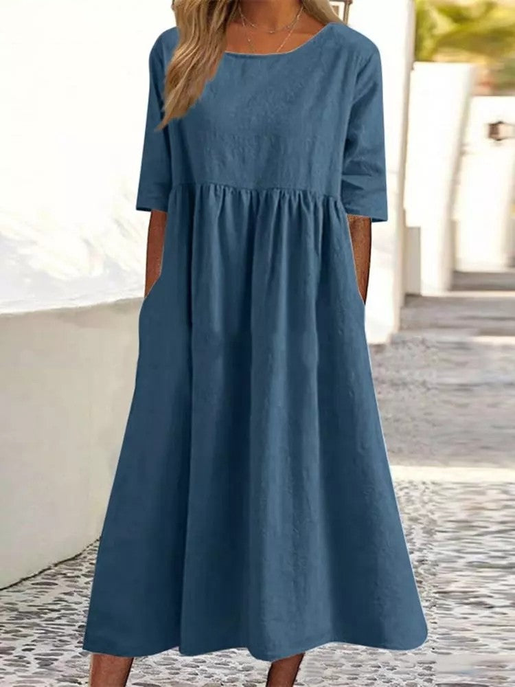 Women's Fashion Casual Cotton Linen Short Sleeve Pocket Dress Gronata