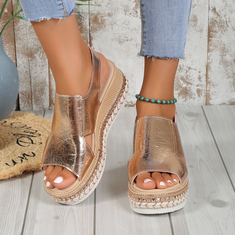 Summer Shiny Sandals Hollow Design Fish Mouth Sandal For Women Fashion Buckle Wedges Shoes Gronata