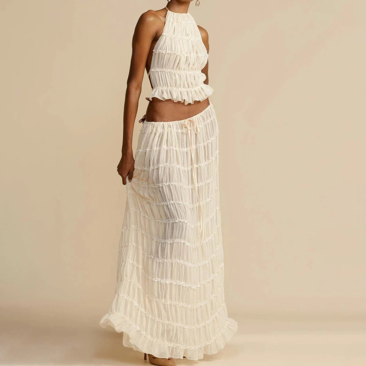 2pcs Women's Dress Suit Sexy Sleeveless Backless Cropped Halter Top And Pleated Long Skirt Beach Clothing Gronata