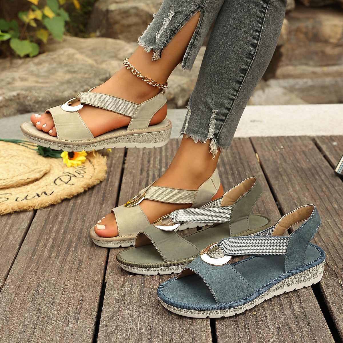 Plus-size Fish-mouth Wedge Sandals With A Jute Sole And Elastic Strap Gronata