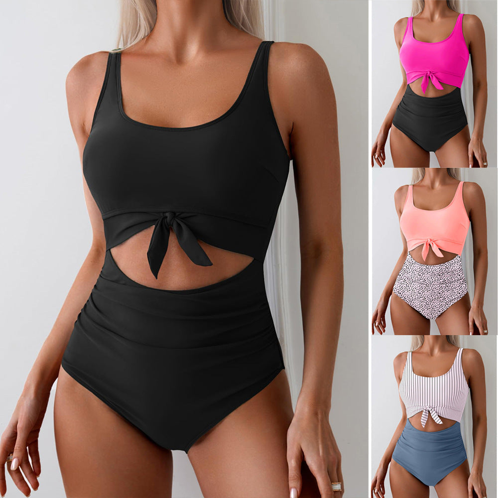 One-piece Female Stitching Contrast Color Strap Covered Belly Swimsuit Gronata