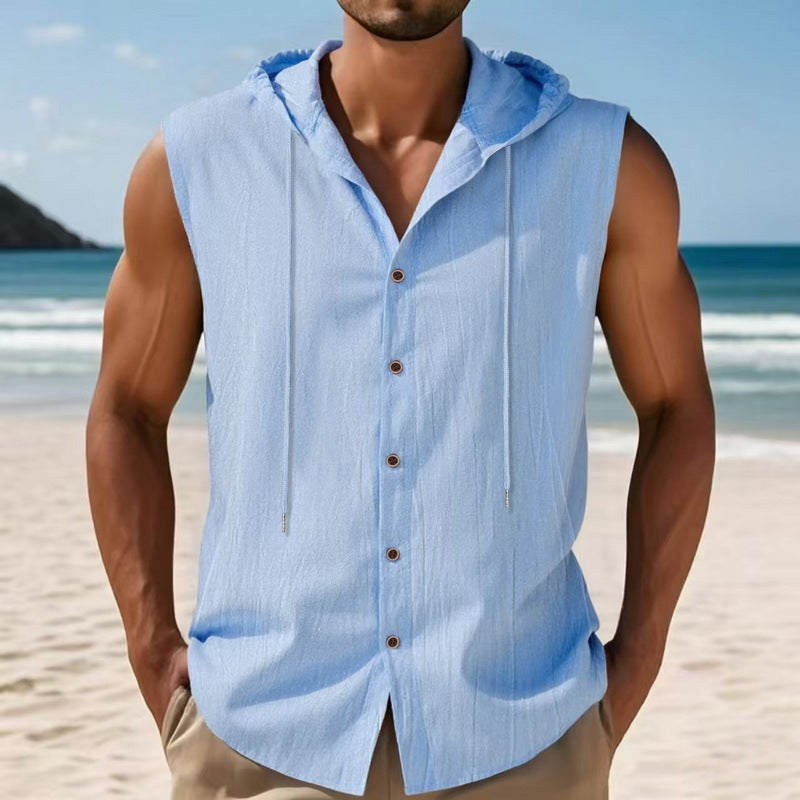 Mens Sleeveless Linen Hooded Shirt Gronata