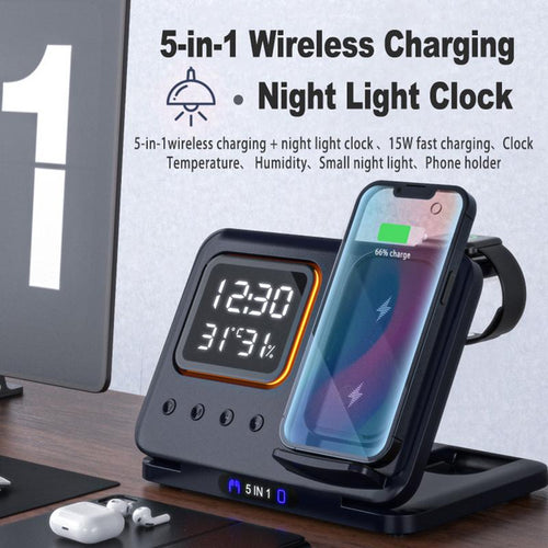 15W Wireless Chargers Stand 5 In1 LED Digital Alarm Clock Fast Charging Dock Station Gronata
