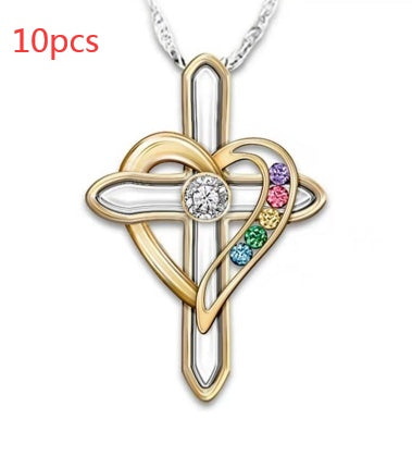 Cross Love Colorful Imitatio Gemstone Pendant Alloy Clavicle Chain Gronata